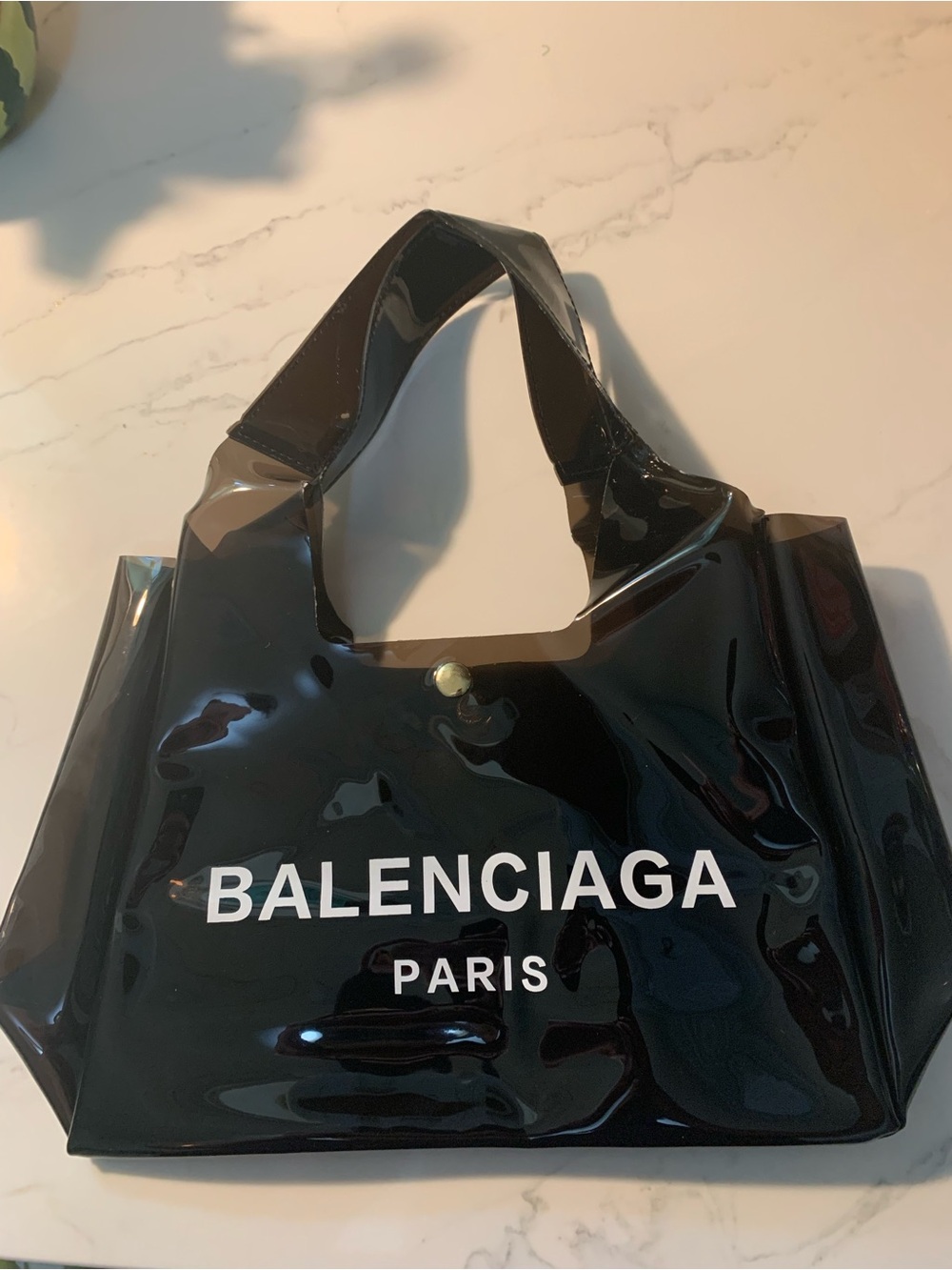 Black Patent Logo Tote. Translucent Polymer Bag